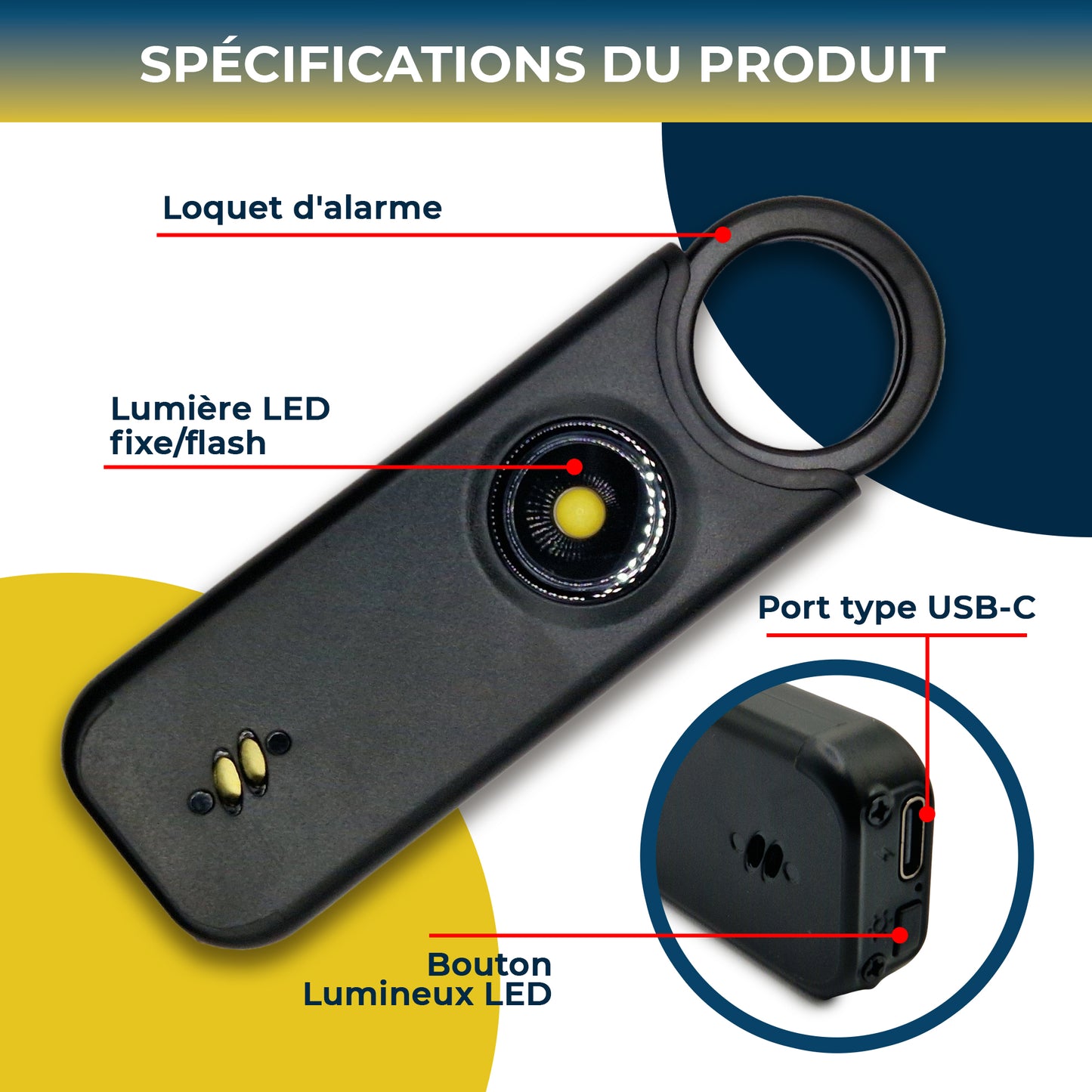 Alarme personnelle Voltek® – Kit défense discrète (Noir) avec sifflet + capteur porte/fenêtre – 135 dB & lampe intégrée