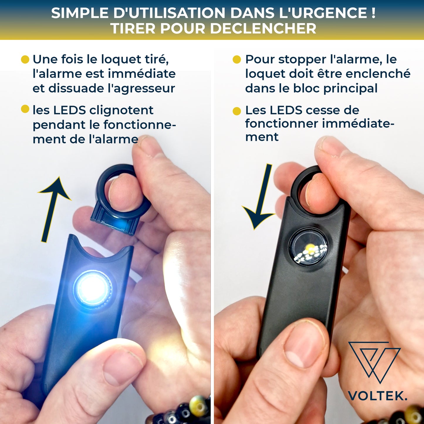 Alarme personnelle Voltek® – Kit défense discrète (Noir) avec sifflet + capteur porte/fenêtre – 135 dB & lampe intégrée