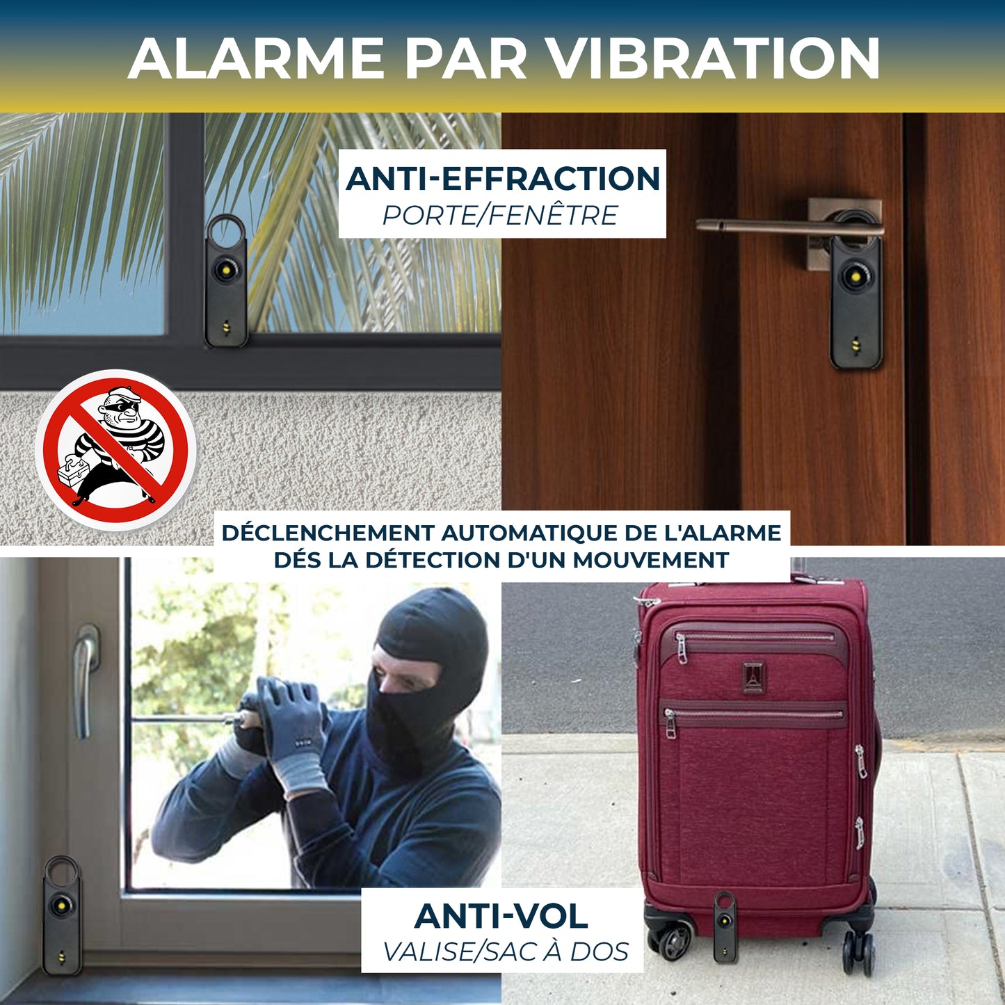 Alarme personnelle Voltek® – Kit défense discrète (Noir) avec sifflet + capteur porte/fenêtre – 135 dB & lampe intégrée