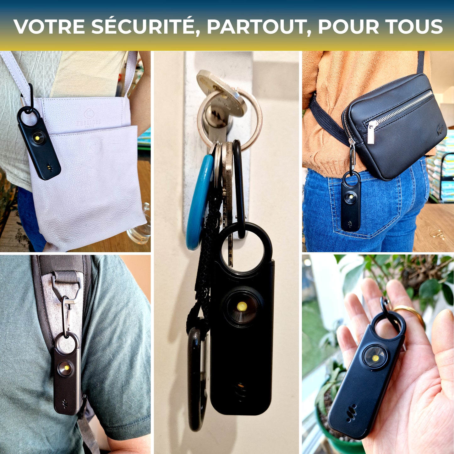 Alarme personnelle Voltek® – Kit défense discrète (Noir) avec sifflet + capteur porte/fenêtre – 135 dB & lampe intégrée