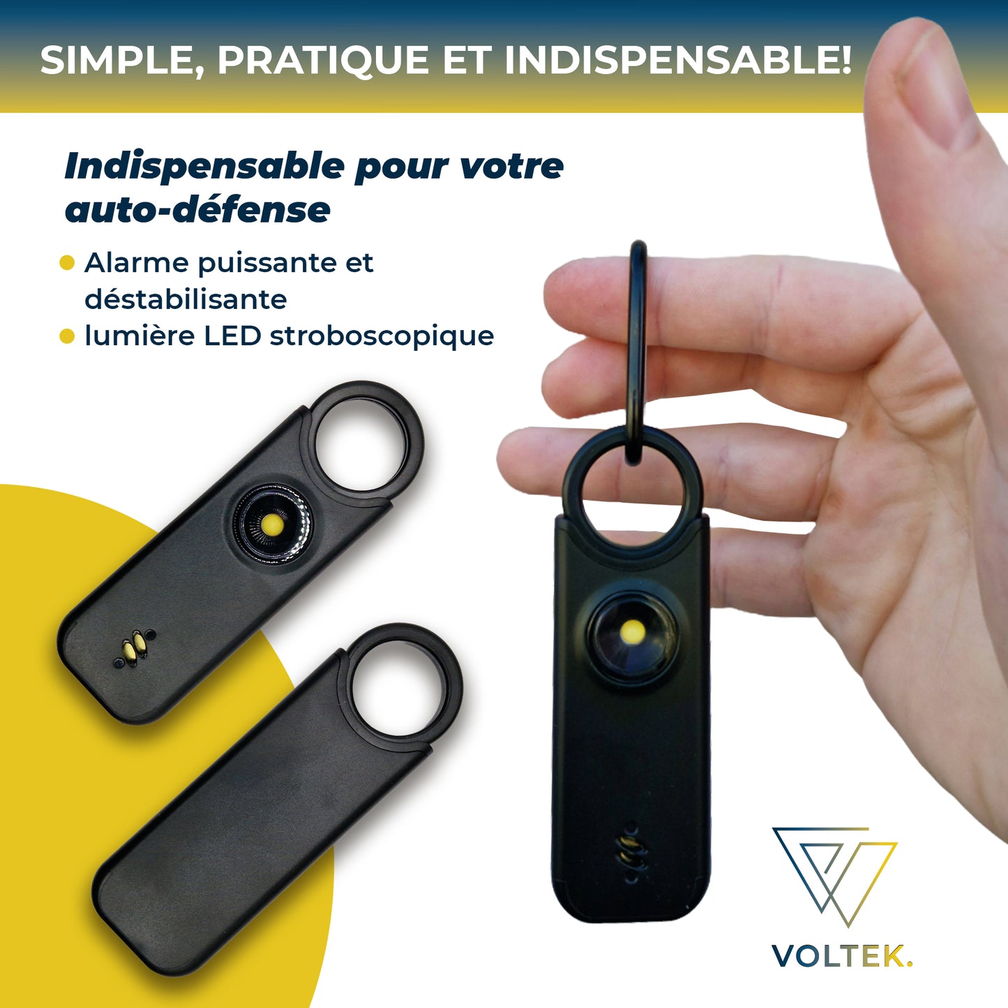 Alarme personnelle Voltek® – Kit défense discrète (Noir) avec sifflet + capteur porte/fenêtre – 135 dB & lampe intégrée