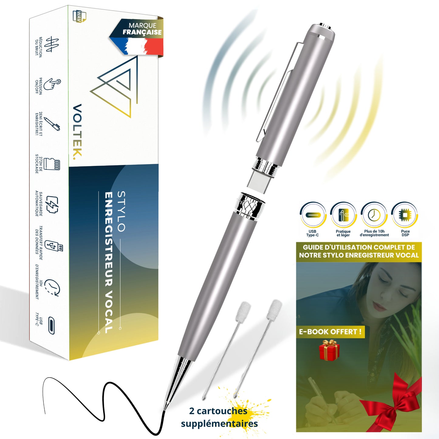 Stylo Enregistreur Voltek® – 64 Go, discret & rechargeable, avec enregistrement continu (Full Pack)