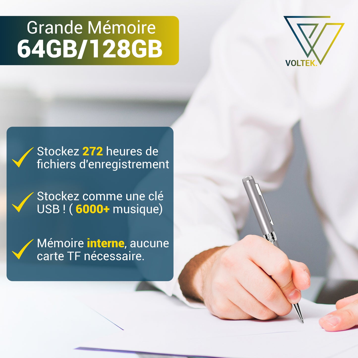 Stylo Enregistreur Voltek® – 64 Go, discret & rechargeable, avec enregistrement continu (Full Pack)