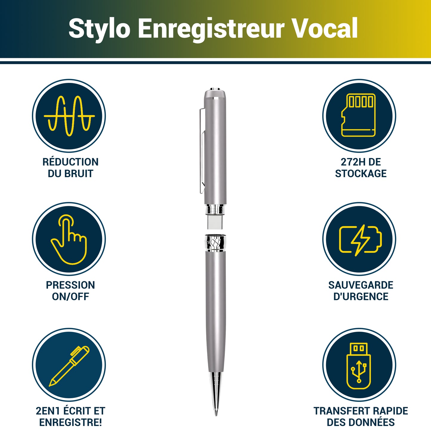 Stylo Enregistreur Voltek® – 64 Go, discret & rechargeable, avec enregistrement continu (Full Pack)