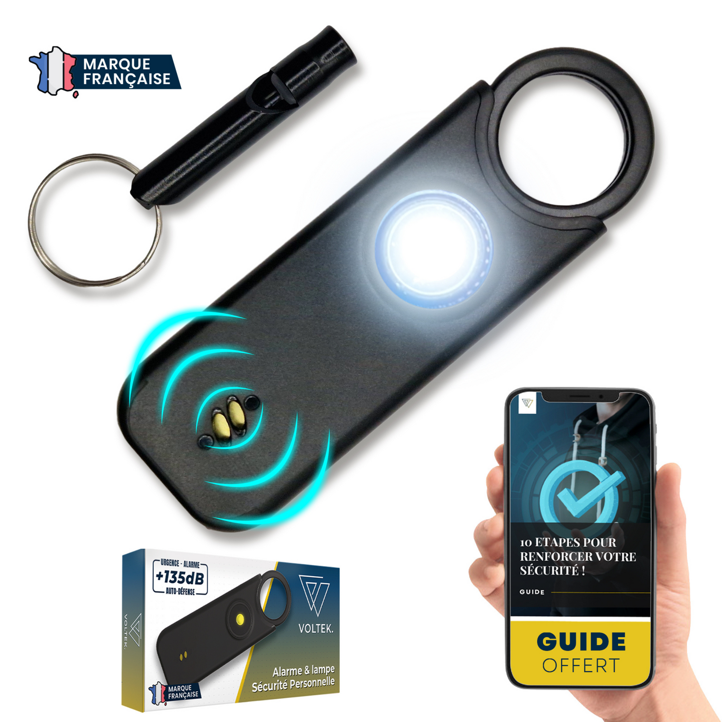 Alarme personnelle Voltek® – Kit défense discrète (Noir) avec sifflet + capteur porte/fenêtre – 135 dB & lampe intégrée
