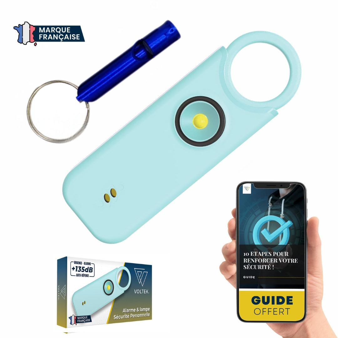 Alarme personnelle Voltek® – Kit défense discrète (Noir) avec sifflet + capteur porte/fenêtre – 135 dB & lampe intégrée