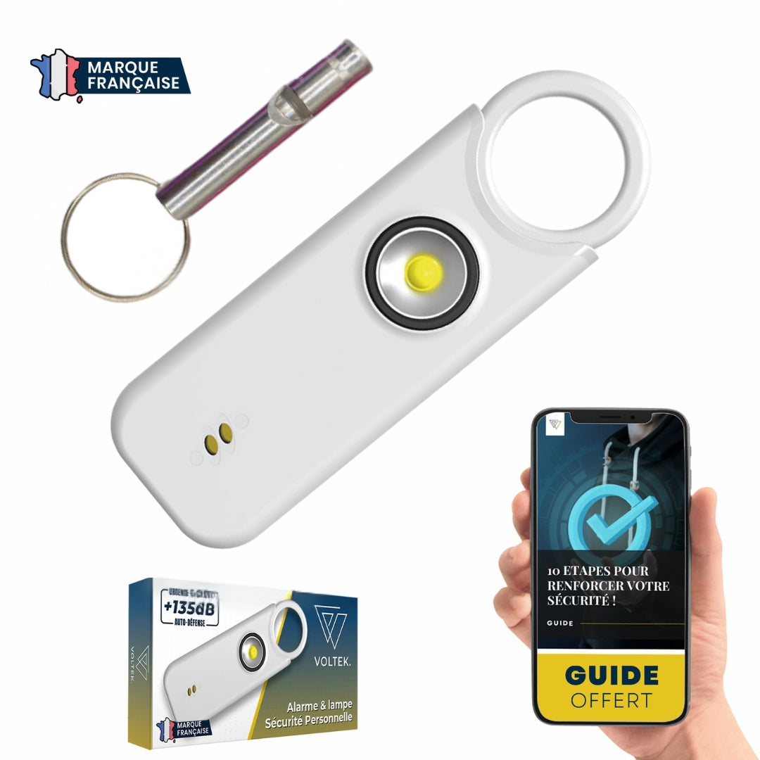 Alarme personnelle Voltek® – Kit défense discrète (Noir) avec sifflet + capteur porte/fenêtre – 135 dB & lampe intégrée