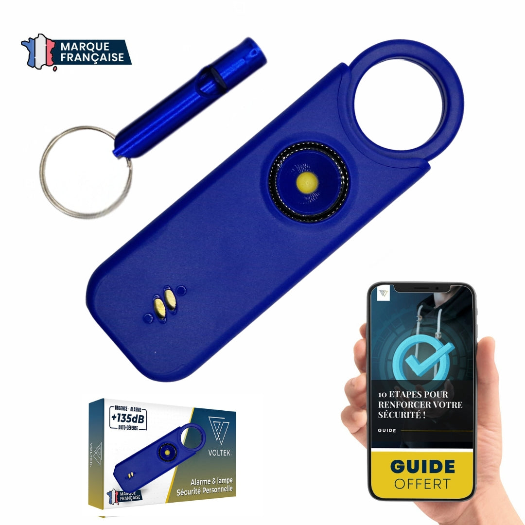 Alarme personnelle Voltek® – Kit défense discrète (Noir) avec sifflet + capteur porte/fenêtre – 135 dB & lampe intégrée