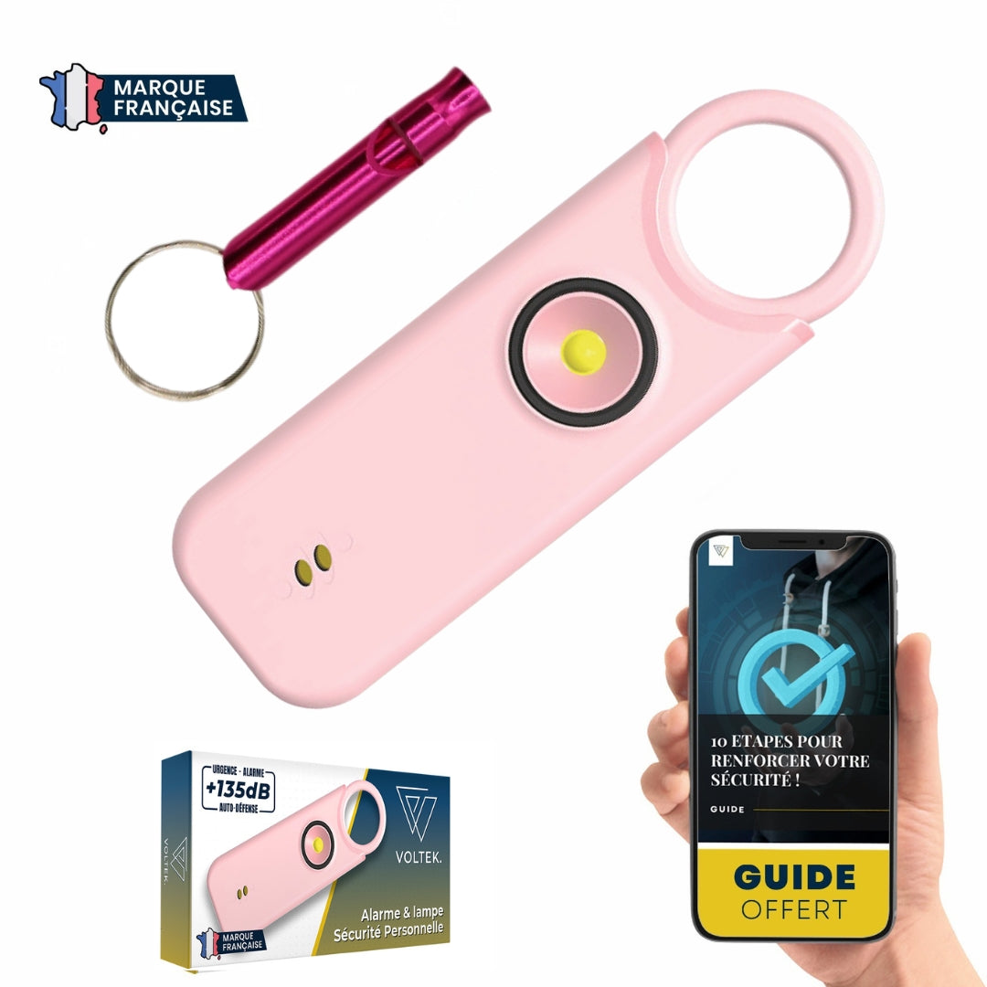 Alarme personnelle Voltek® – Kit défense discrète (Noir) avec sifflet + capteur porte/fenêtre – 135 dB & lampe intégrée