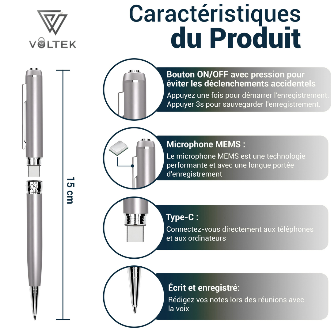 Stylo Stealth Pen Voltek® – Enregistrement sécurisé avec 64 Go de mémoire