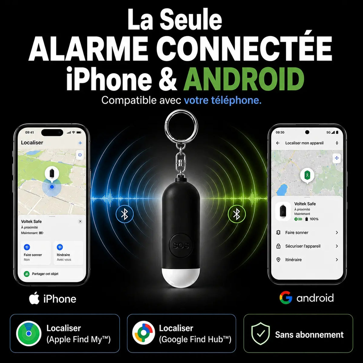 VOLTEK® SAFE — Alarme 130 dB — Localisation iPhone & Android