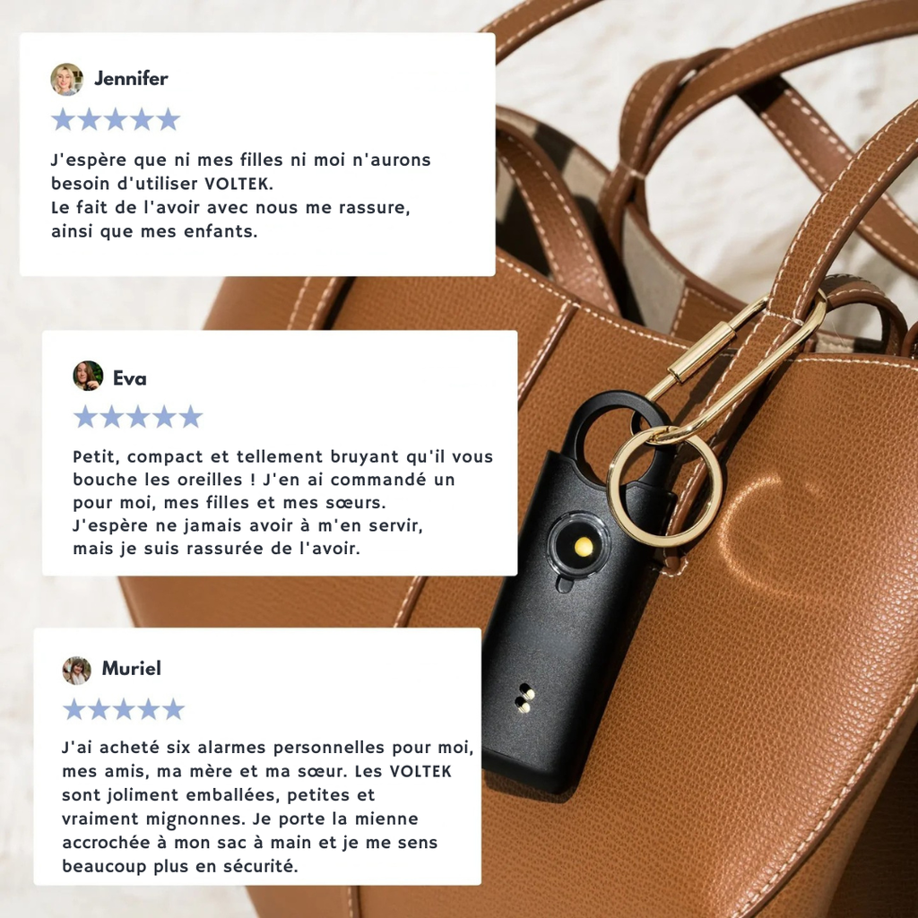 femme utilisant alarme personnelle voltek dans sac sécurité quotidienne