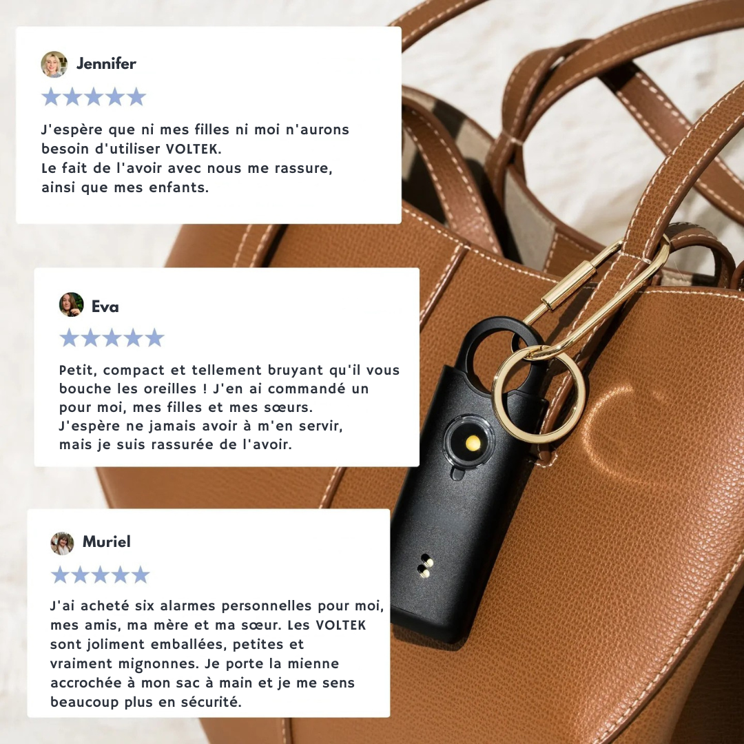 femme utilisant alarme personnelle voltek dans sac sécurité quotidienne