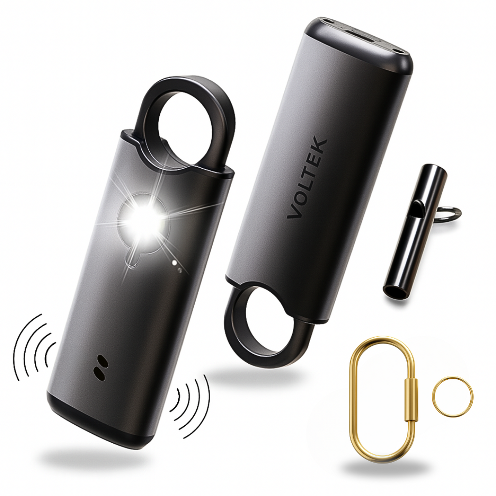 alarme personnelle voltek 140 db noir avec accessoires porte clé sécurité