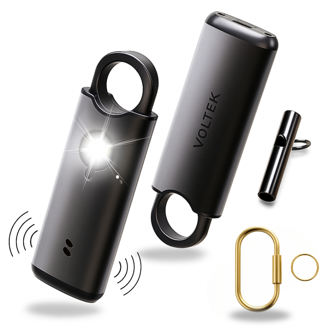 alarme personnelle voltek 140 db noir avec accessoires porte clé sécurité