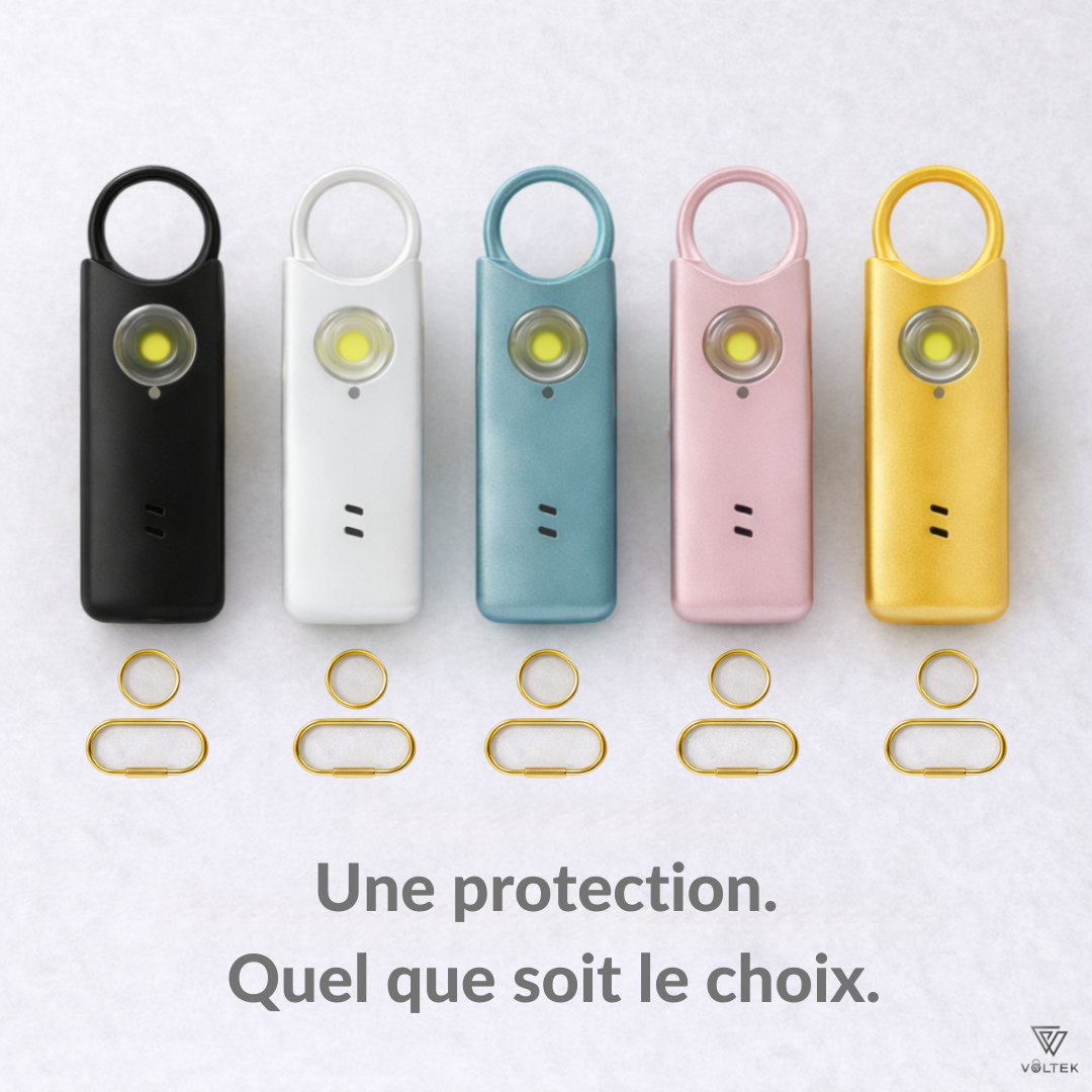 alarme personnelle voltek 140 db plusieurs couleurs noir blanc azur rose or sécurité anti agression