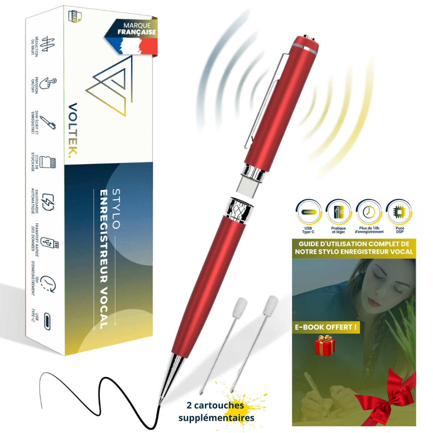 Stylo Enregistreur Voltek® – 64 Go, discret & rechargeable, avec enregistrement continu (Full Pack)