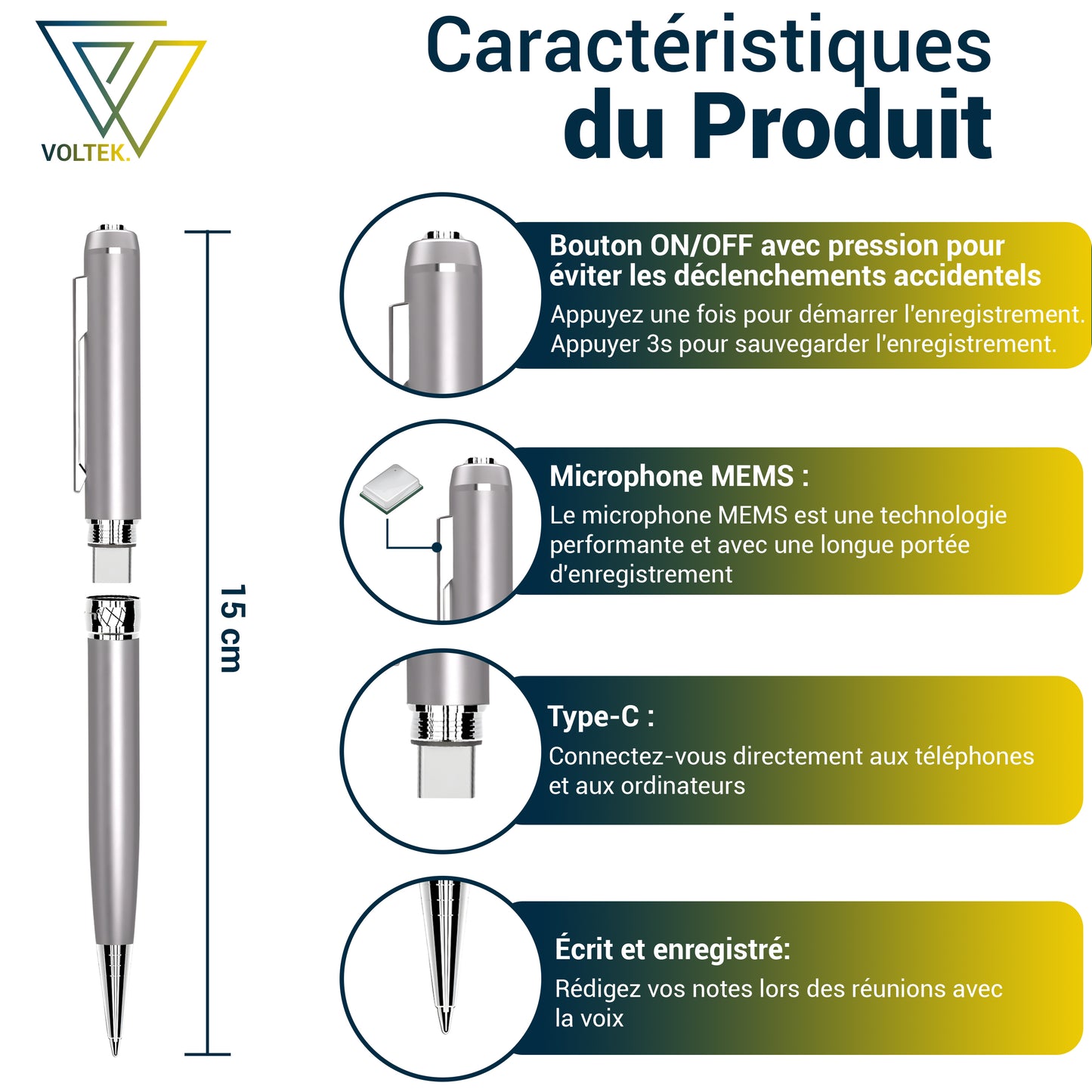 Stylo Enregistreur Voltek® – 64 Go, discret & rechargeable, avec enregistrement continu (Full Pack)