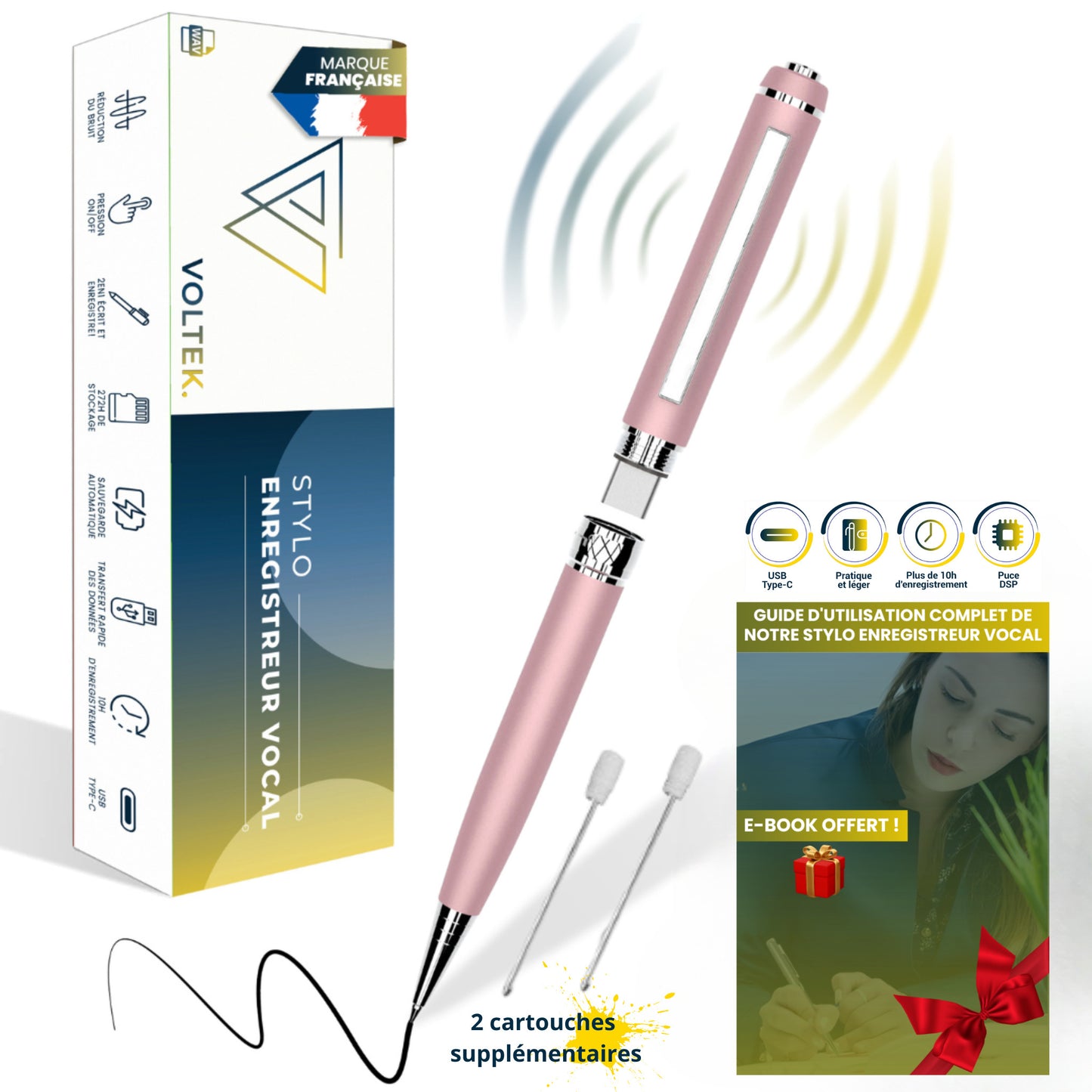 Stylo Enregistreur Voltek® – 64 Go, discret & rechargeable, avec enregistrement continu (Full Pack)